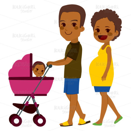 African American Couple Pushing Stroller Clipart Vector Illustration 02351