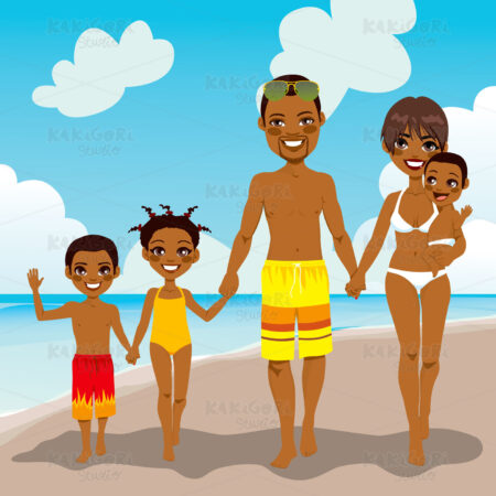 African American Family Beach Vacation Clipart Vector Illustration 01617