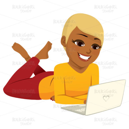 African American Girl Laptop Clipart Vector Illustration 04498