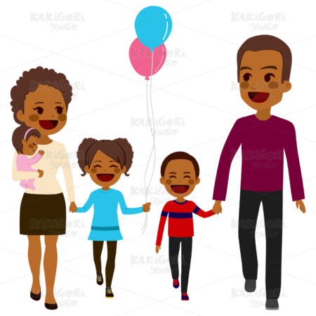 African American Happy Family Walking Clipart Vector Illustration 02397