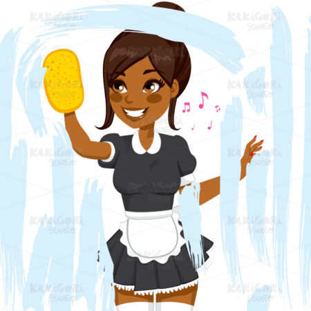 African American Maid Cleaning Window Clipart Vector Illustration 02027