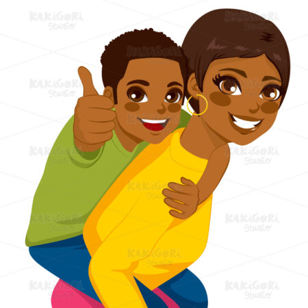 African American Mother Son Piggyback Clipart Vector Illustration 02107