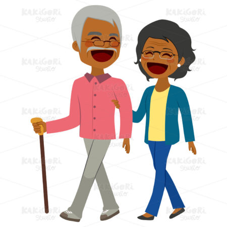 African American Senior Couple Walking Clipart Vector Illustration 02364