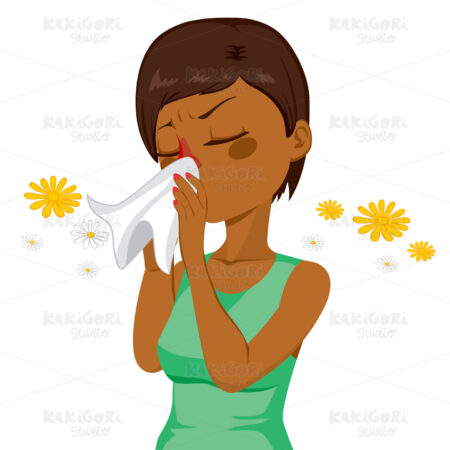 African American Woman Blowing Nose Clipart Vector Illustration 01899