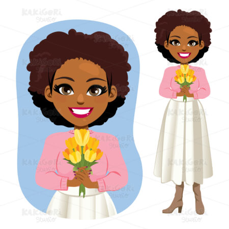 African American Woman Yellow Tulips Clipart Vector Illustration 04753
