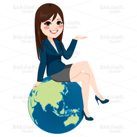 Asian Businesswoman Sitting Globe Clipart Vector Illustration 02996