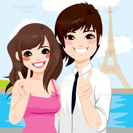 Asian Couple Paris Honeymoon Clipart Vector Illustration 02062