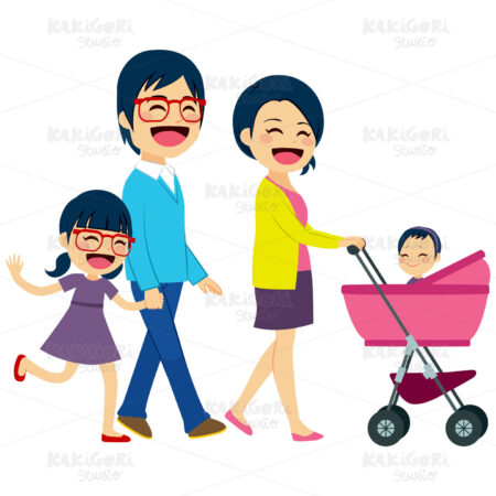 Asian Couple Pushing Stroller Clipart Vector Illustration 02370
