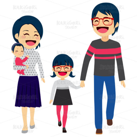 Asian Happy Family Walking Clipart Vector Illustration 02406