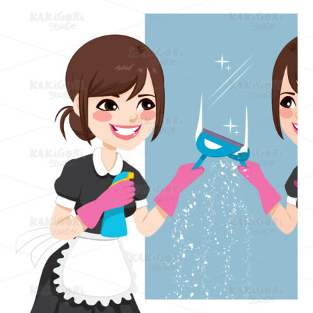 Asian Maid Cleaning Mirror Clipart Vector Illustration 02028