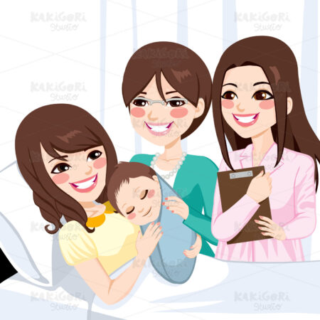 Asian Mother Hugging Newborn Boy Clipart Vector Illustration 02008