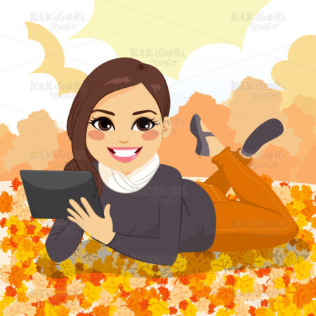 Autumn Girl Park Tablet Clipart Vector Illustration 02816