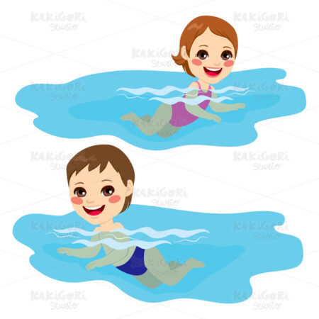 Baby Boy And Girl Swimming Clipart Vector Illustration 01869