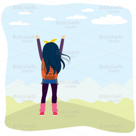 Back View Girl Hiking Mountain Clipart Vector Illustration 02365