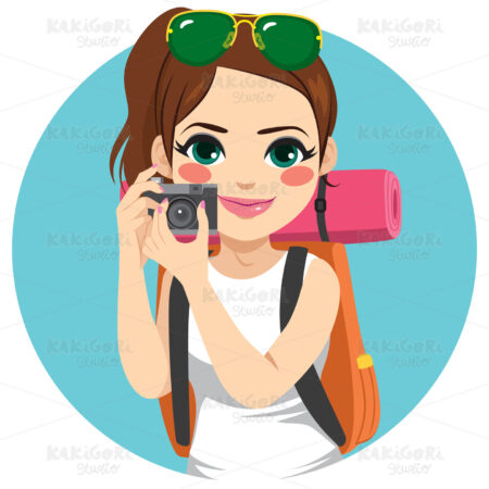 Backpacker Woman Holding Camera Clipart Vector Illustration 03541