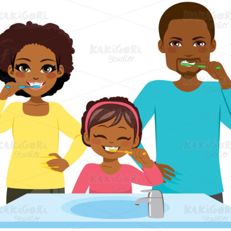 Black Family Washing Teeth Routine Clipart Vector Illustration 05066