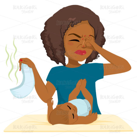 Black Woman Changing Stinky Diaper Clipart Vector Illustration 05026