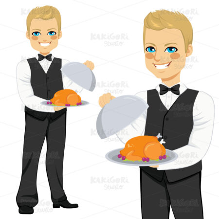 Blond Waiter Serving Turkey Clipart Vector Illustration 01845