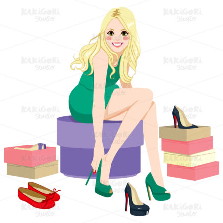 Blonde Girl Trying Shoes Clipart Vector Illustration 01757