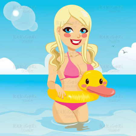 Blonde Playing With Duck Float Clipart Vector Illustration 01439