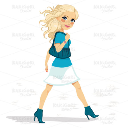 Blue Outfit Woman Walking Street Clipart Vector Illustration 02148