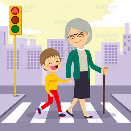 Boy Helping Grandmother crosswalking Clipart Vector Illustration 02757
