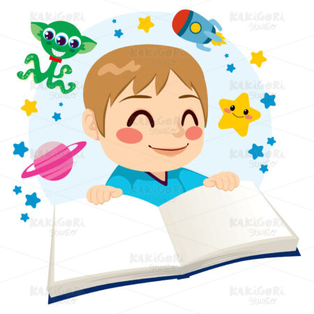 Boy Reading Science Fiction Book Clipart Vector Illustration 01152