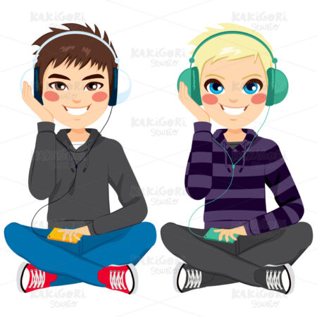 Boys With Headphones Sitting Clipart Vector Illustration 02889