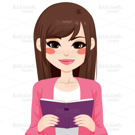 Brunette Asian Girl Reading Clipart Vector Illustration 02055