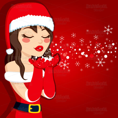 Brunette Blowing Christmas Magic Clipart Vector Illustration 01194