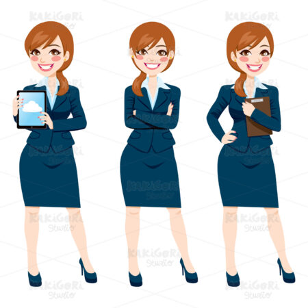 Brunette Businesswoman Full Body Poses Clipart Vector Illustration 01343