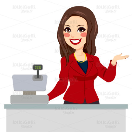Brunette Cashier Seller Clipart Vector Illustration 01944
