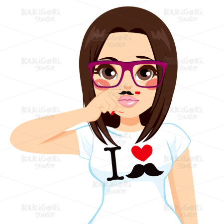 Brunette Fake Mustache Girl Clipart Vector Illustration 01864