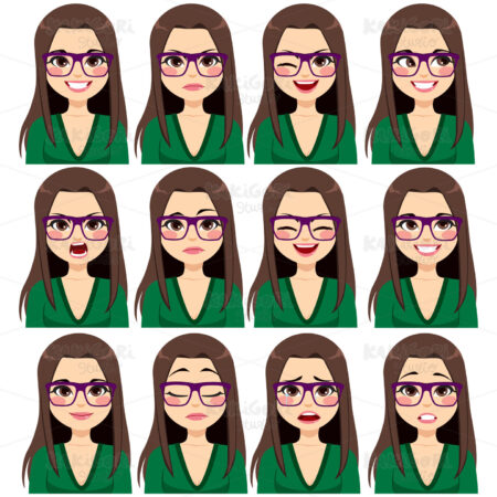 Brunette Glasses Woman Expressions Clipart Vector Illustration 04559