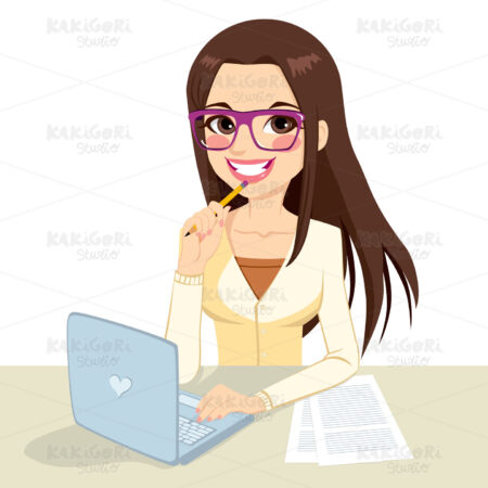Brunette Nerd Secretary Working Clipart Vector Illustration 01959