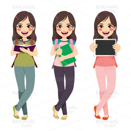 Brunette Student Girl Standing Clipart Vector Illustration 04230