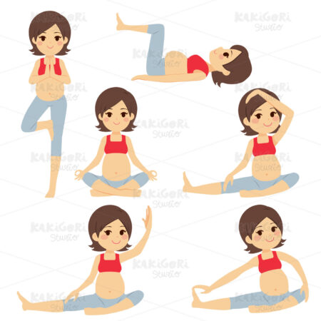 Brunette Yoga Pregnant Woman Poses Clipart Vector Illustration 05122