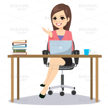 Business Woman Sitting Desk Isolated Clipart Vector Illustration 04926