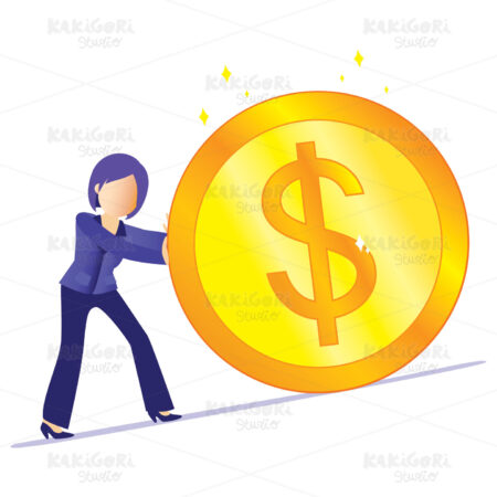 Businesswoman Pushing Golden Money Coin Clipart Vector Illustration 04574
