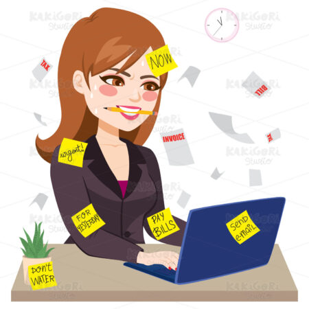 Businesswoman Working Hard Biting Pencil Clipart Vector Illustration 04952