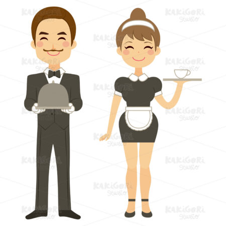 Butler And Maid Serving Clipart Vector Illustration 02218