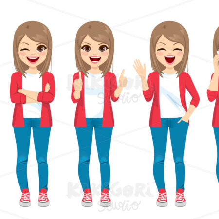 Casual Fashion Teenager Girl Different Gestures Clipart Vector Illustration 04858