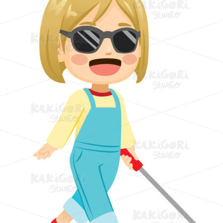 Cheerful Little Blonde Blind Girl Clipart Vector Illustration 04874