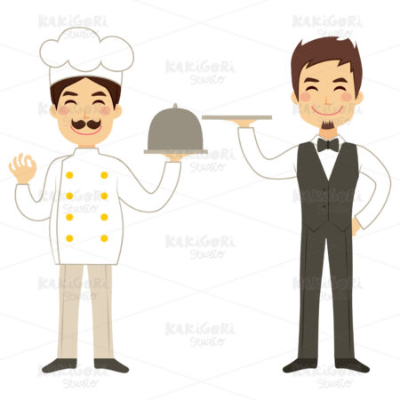 Chef And Waiter Holding Tray Clipart Vector Illustration 02216