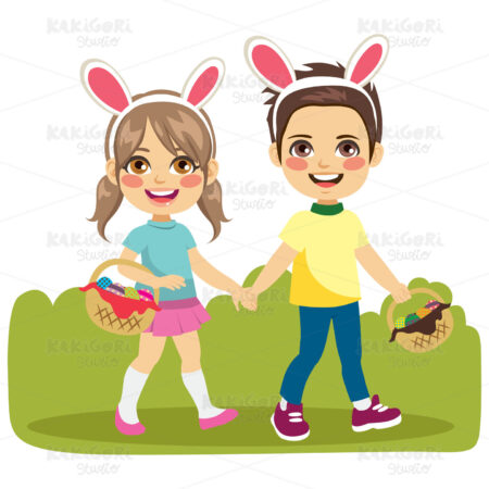 Children Easter Walking Clipart Vector Illustration 04787