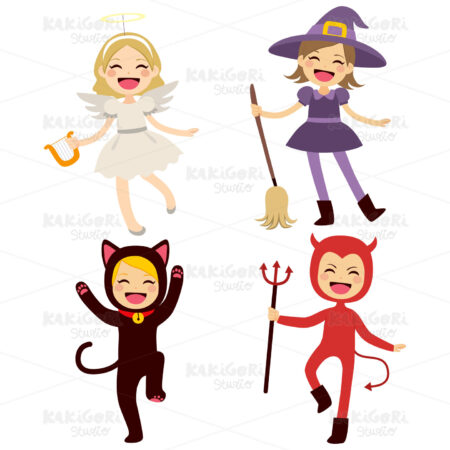 Children Halloween Costumes Clipart Vector Illustration 02305