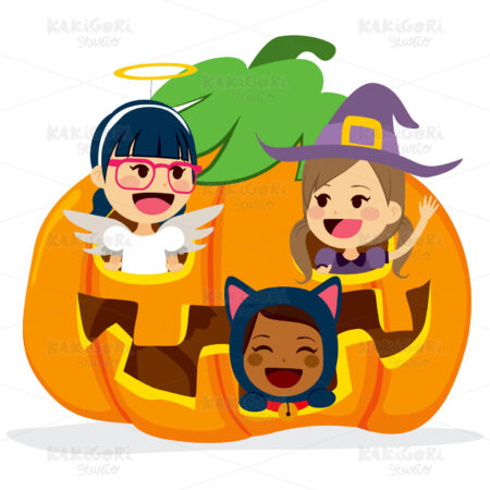 Children Inside Halloween Pumpkin Clipart Vector Illustration 02390