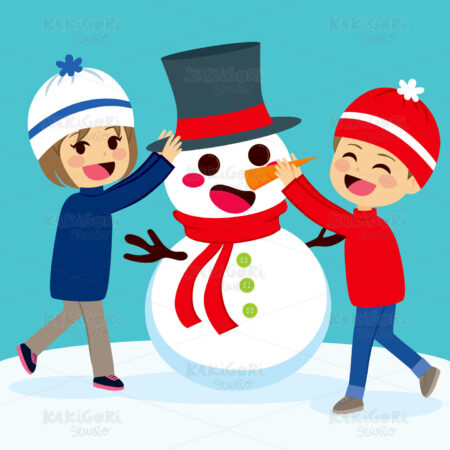 Children Making Snowman Clipart Vector Illustration 02408