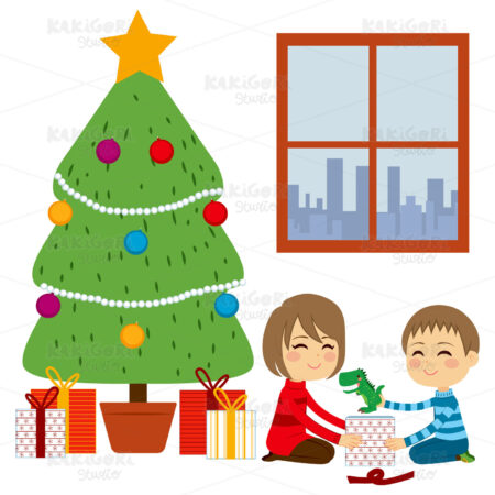 Children Opening Christmas Gifts Clipart Vector Illustration 02380