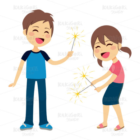 Children Playing Fireworks Clipart Vector Illustration 02238